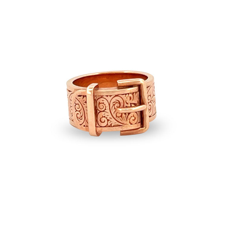 9ct Rose Gold Buckle Ring, 9mm wide, hand-engraved scroll pattern, antique-style buckle design, handmade gold jewellery.