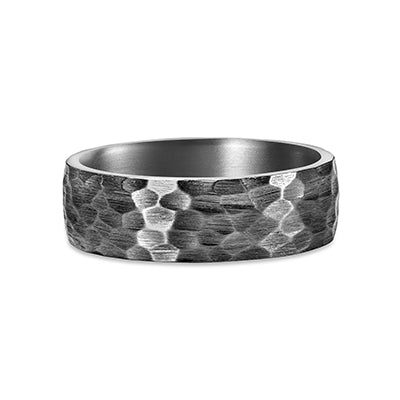 8mm wide Tantalum ring with hand textured hammered finish, dark matte band with hexagonal surface pattern
