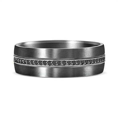 Matte finished Tantalum ring with central gold inlay channel set with black diamonds, wide modern men’s band