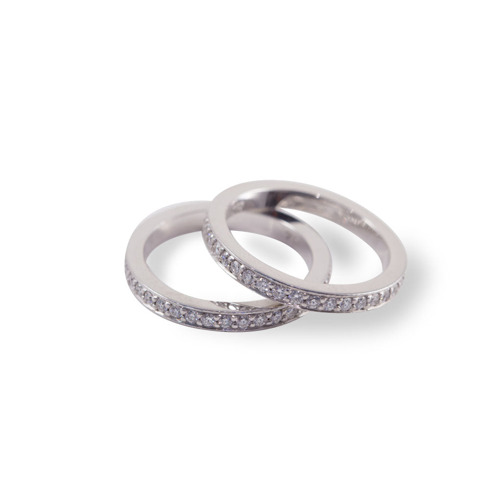 18ct White Gold Diamond Wedding Rings, bead set with 1pt brilliant cut diamonds, fine diamond band, handmade wedding jewellery Sydney.
